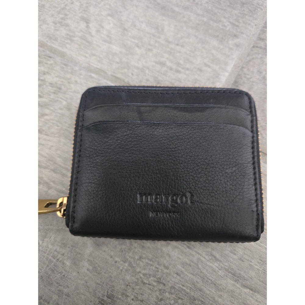 Margot New York Black Pebbled Leather Zip Around Card Case Wallet Gold Hardware